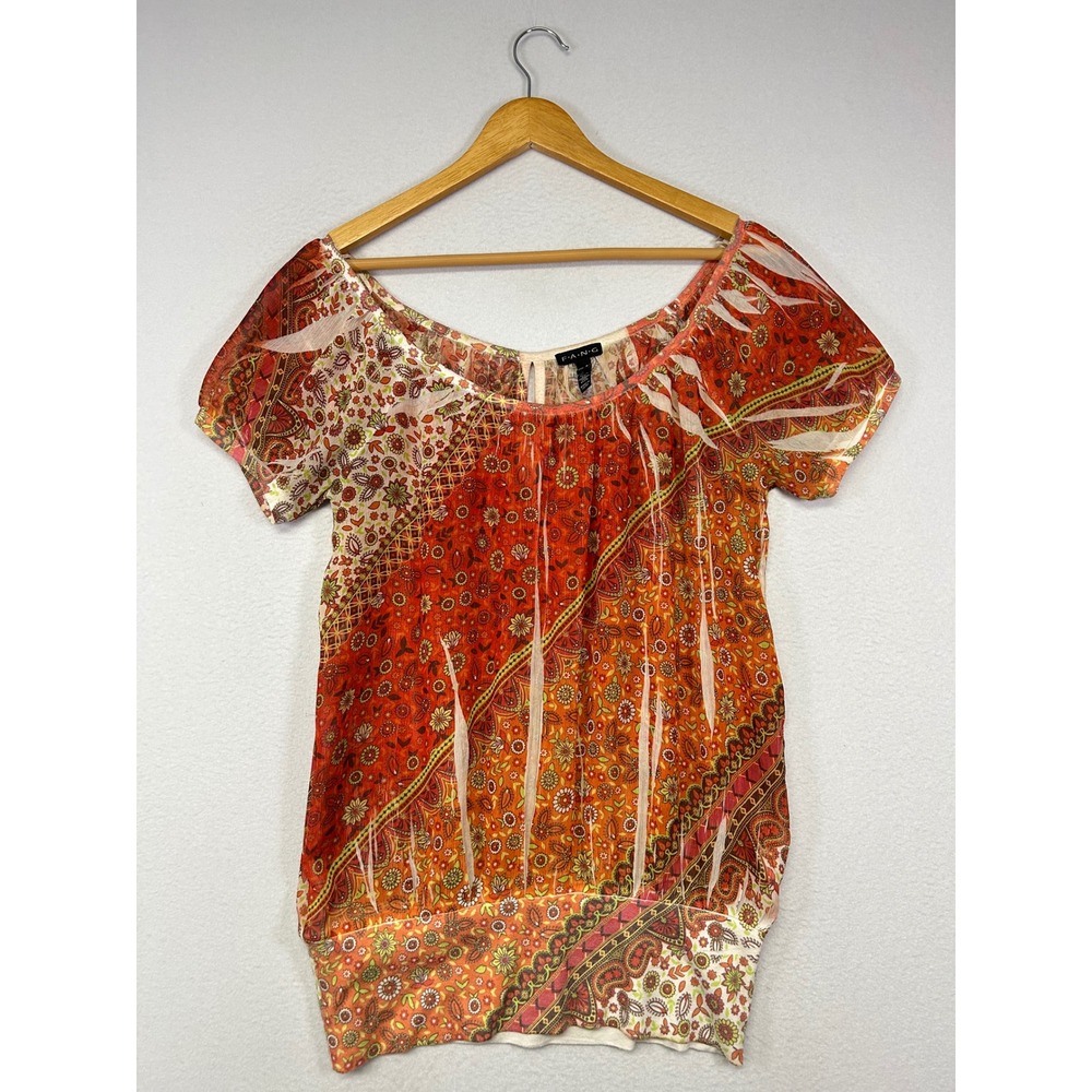 Boho Hippie Fang Women Medium Orange Paisley Patchwork Banded Hem‎ Blouse Top